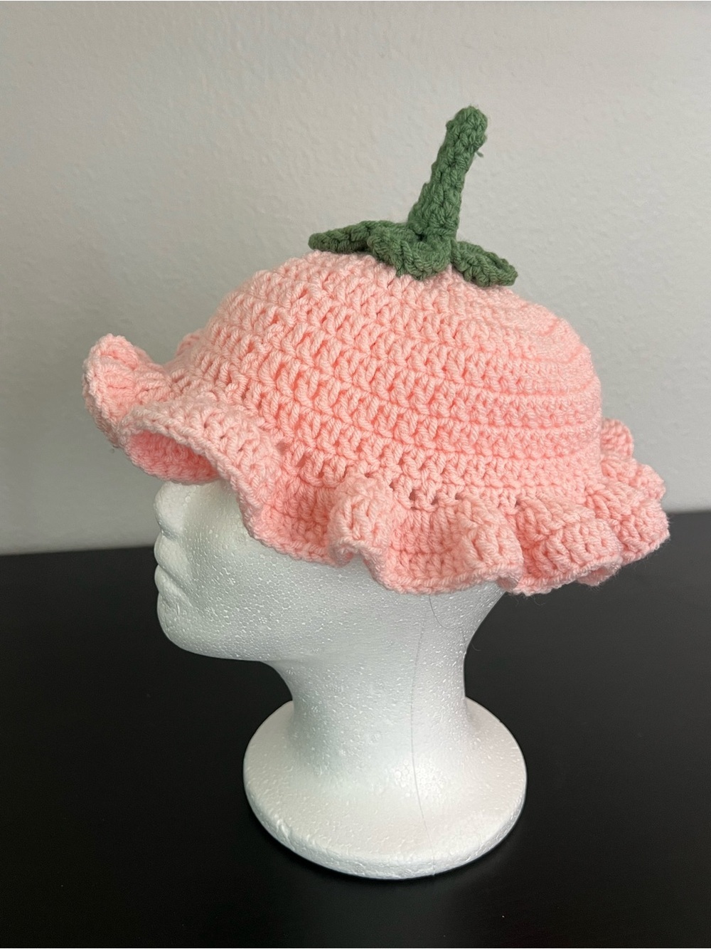 Handmade Pink Crochet Kids Hat with Green Stem